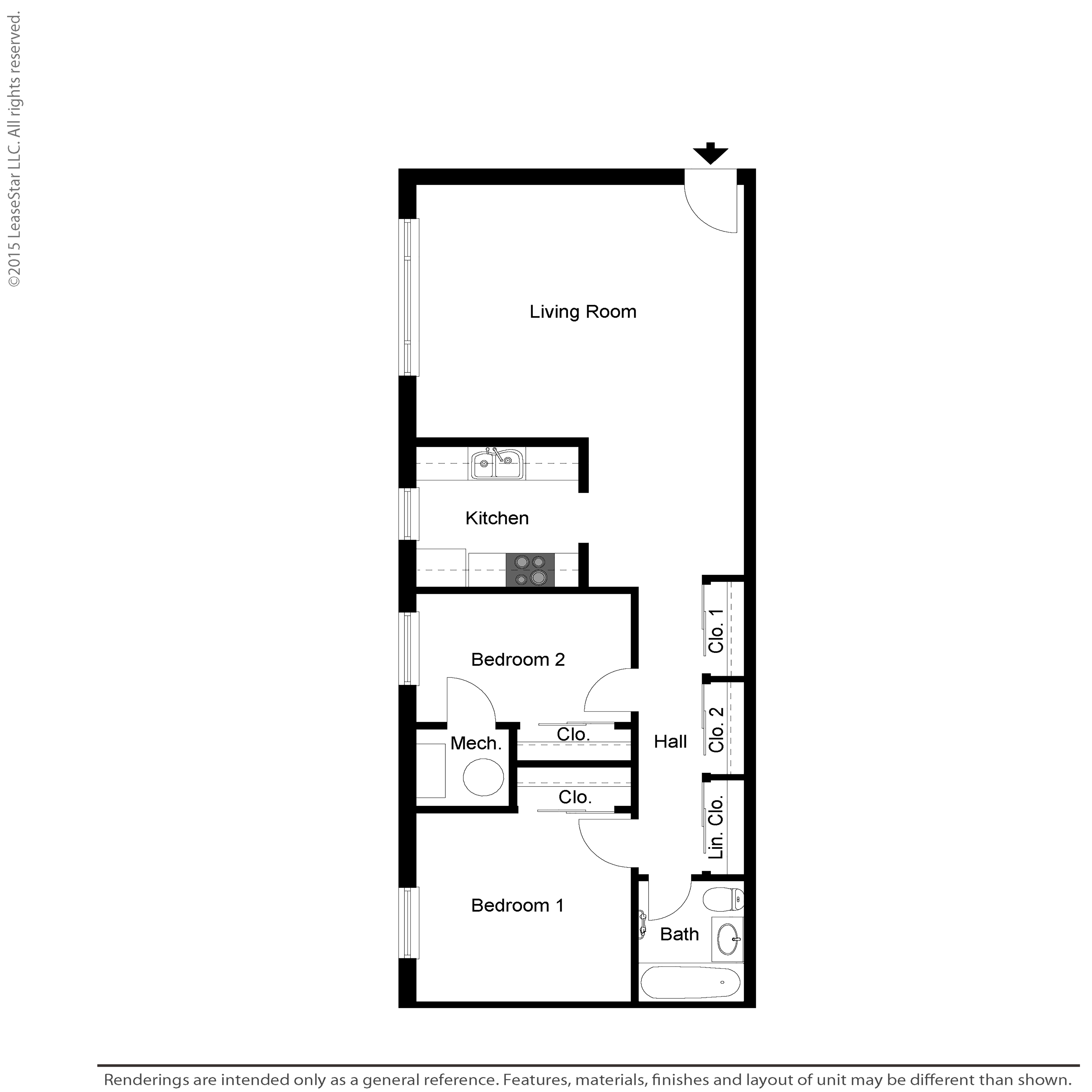Floor plan for 2 beds, 1 bath, 941 sqft